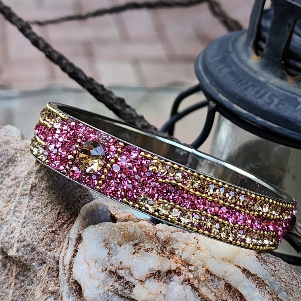 ❤️ Sparkling Hot Pink Crystals Silver Bracelet Wide Indian Bangle jewelry